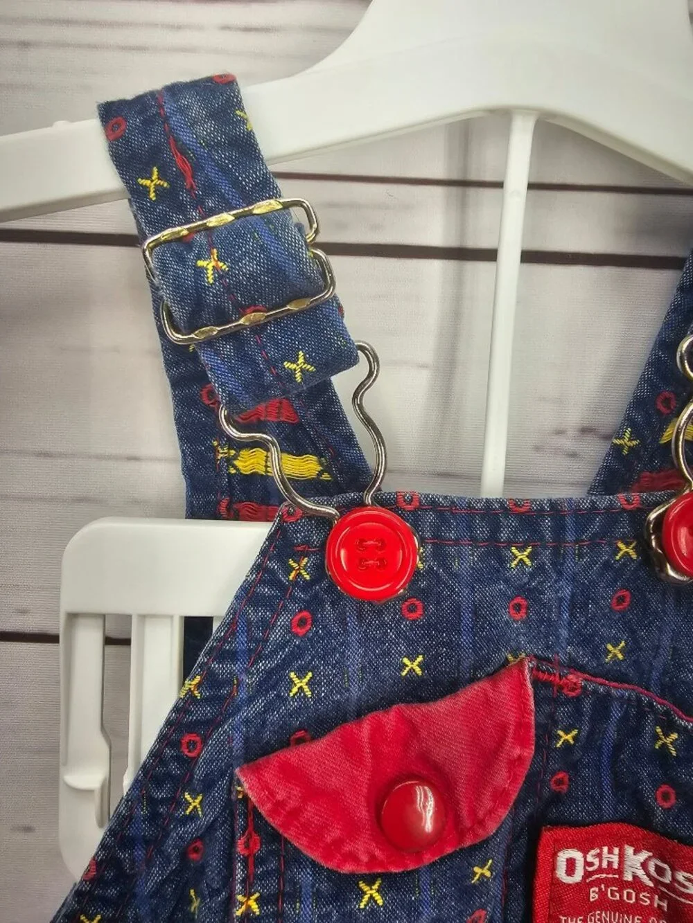 OshKosh Bgosh Infant Girls XO Tic Tack Toe Denim Overalls 6/9M Red USA Made‎